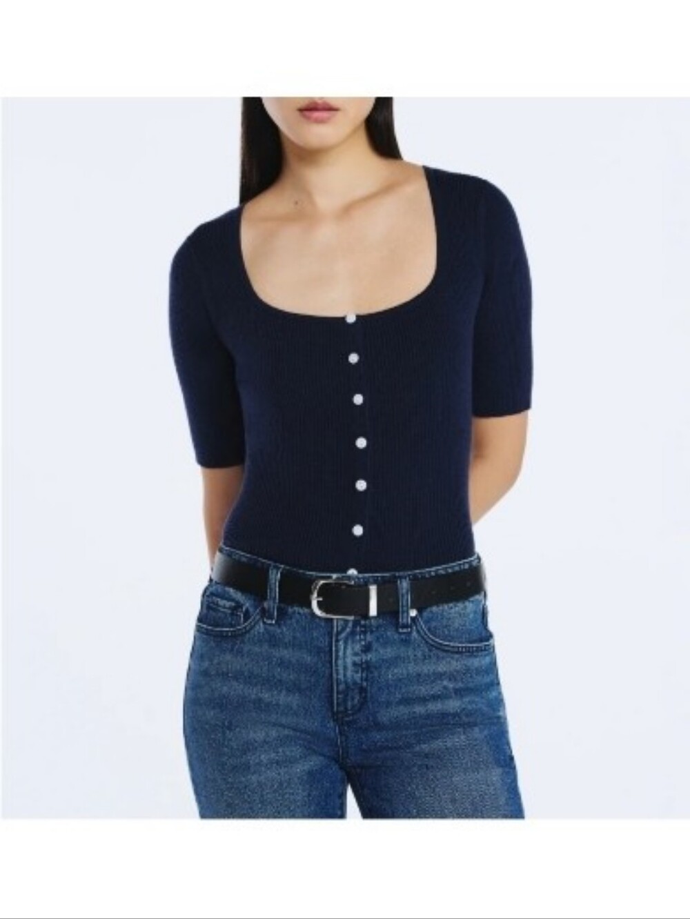 Scoop Short Sleeve Cardigan Top Square Neck Buttons Size XS Carbon Blue NWT